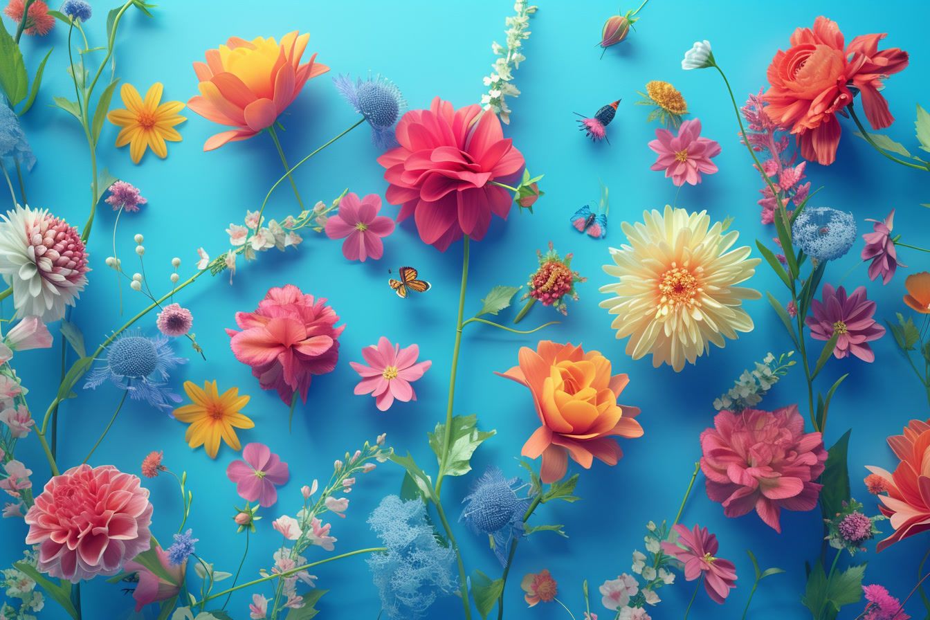 a bunch of colorful flowers on a blue background