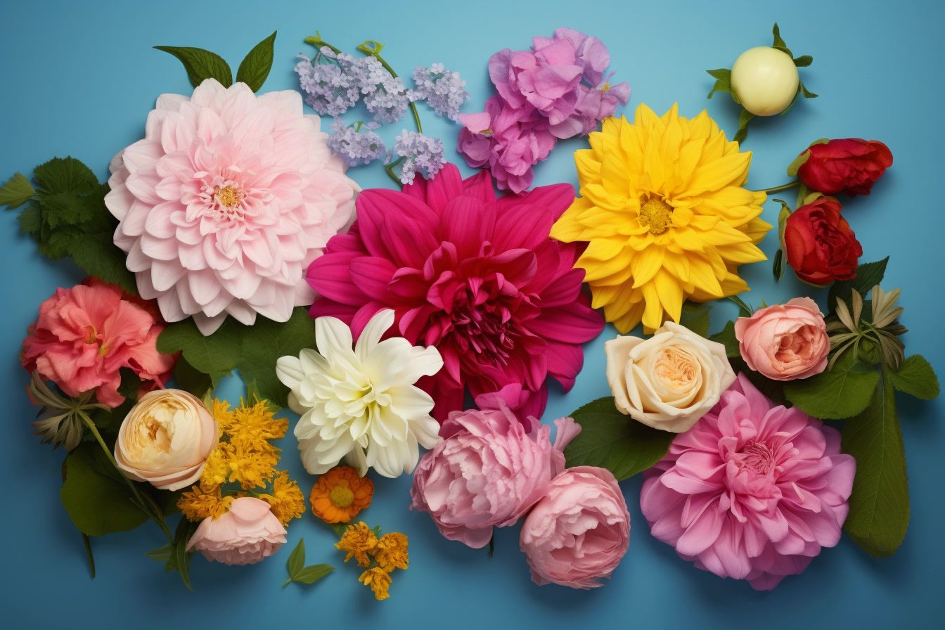 a bunch of different colored flowers on a blue background