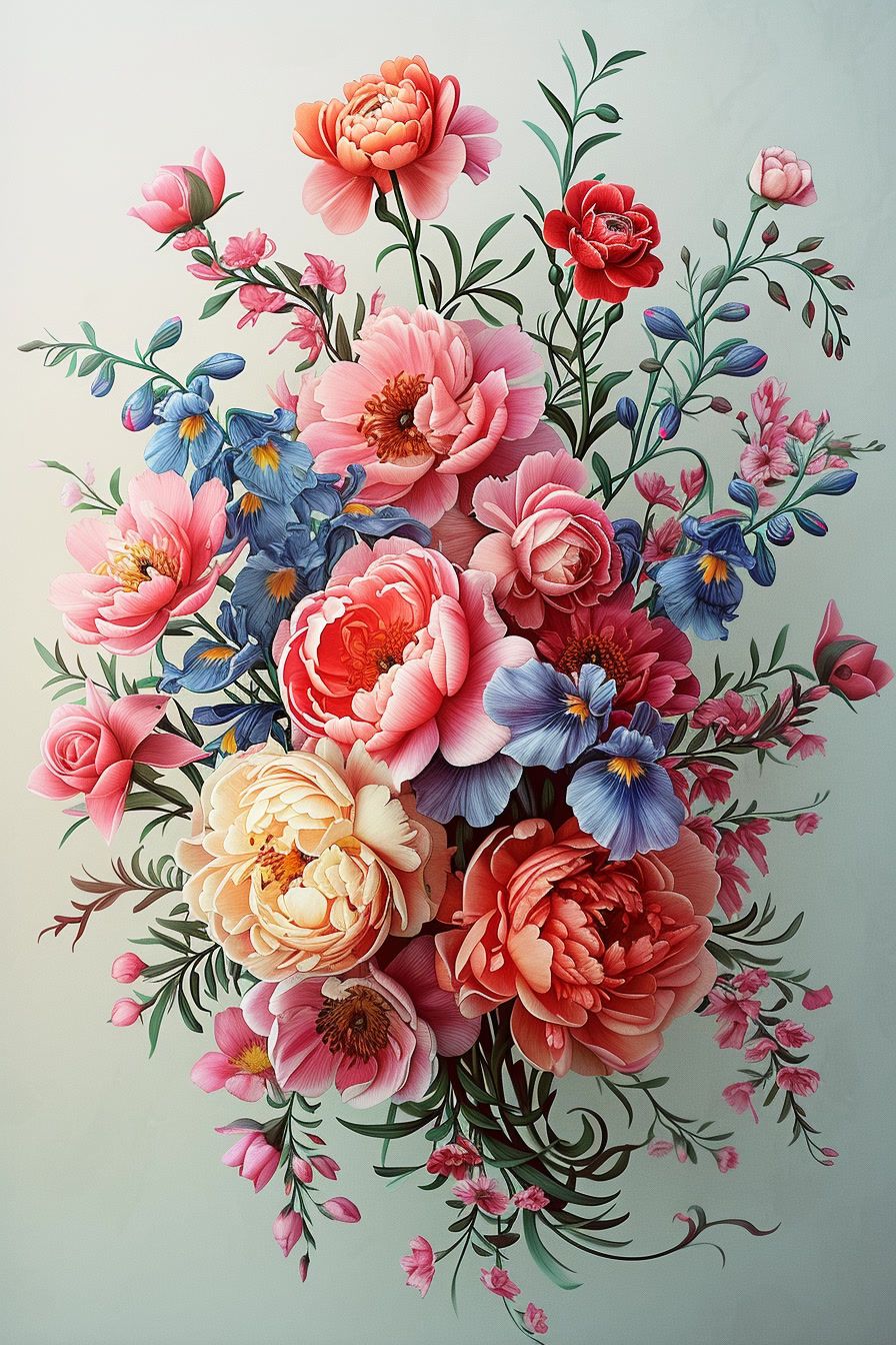 a painting of a bouquet of flowers on a white background