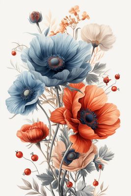 a painting of blue and orange flowers on a white background