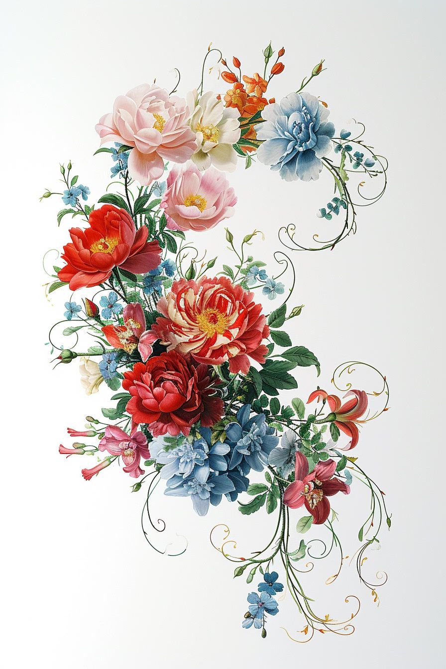 a painting of a bouquet of flowers on a white background