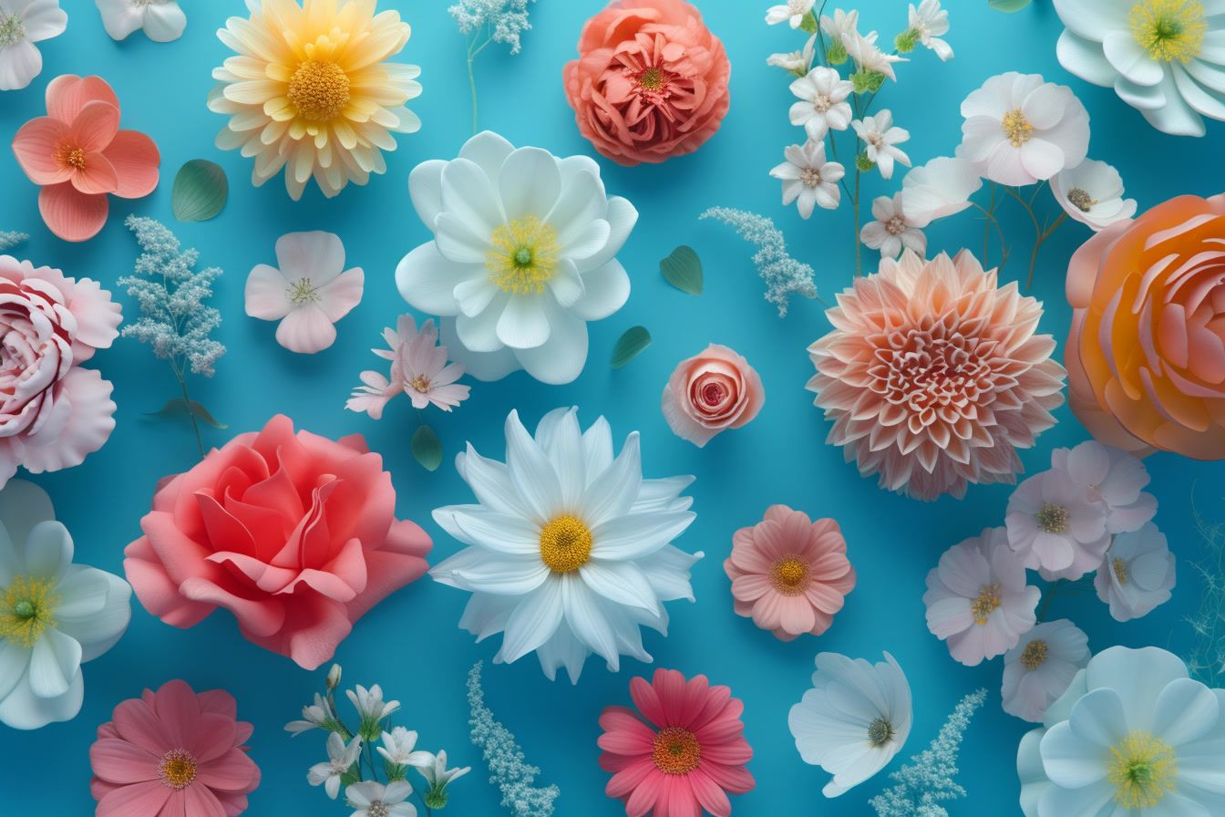 a bunch of flowers that are on a blue surface