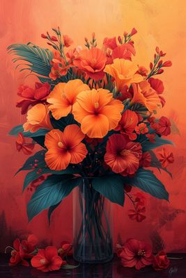 a painting of orange flowers in a vase