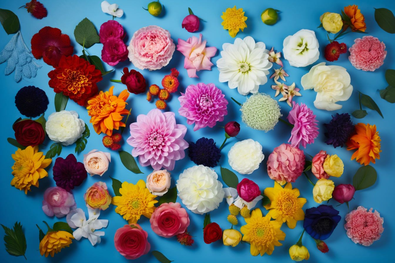 a bunch of different colored flowers on a blue background