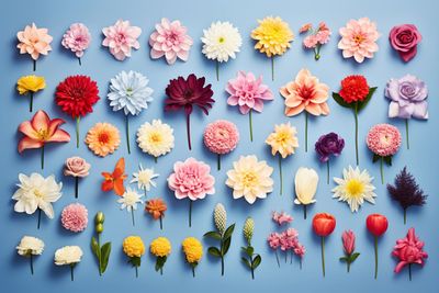 a bunch of different colored flowers on a blue background