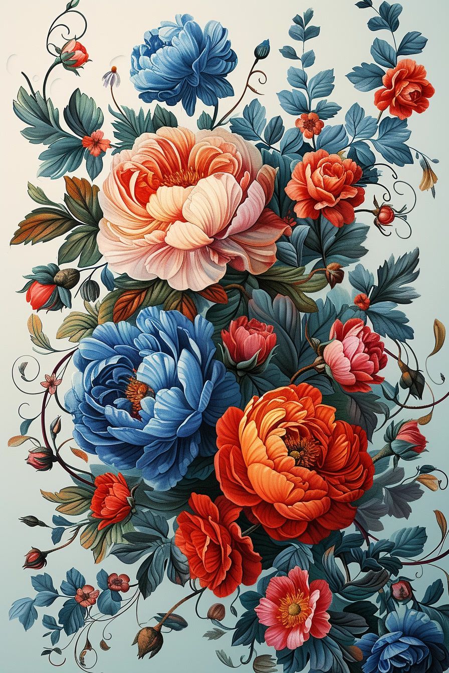 a painting of a bouquet of flowers on a blue background