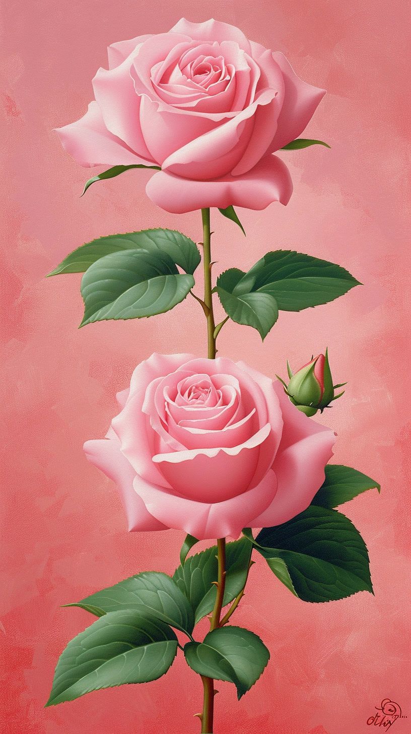 a painting of two pink roses on a pink background