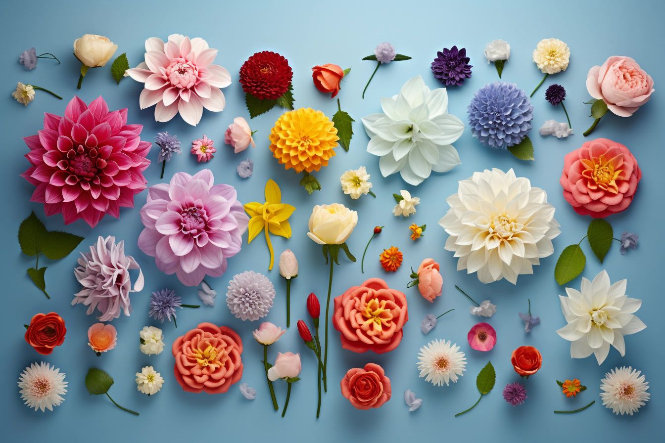 a bunch of different colored flowers on a blue background