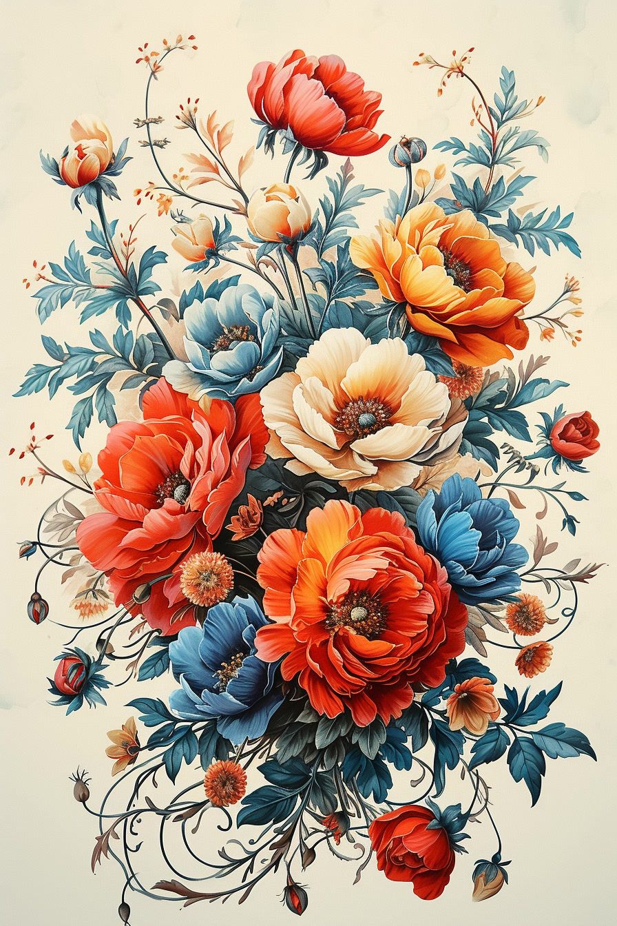 a painting of a bouquet of flowers on a white background