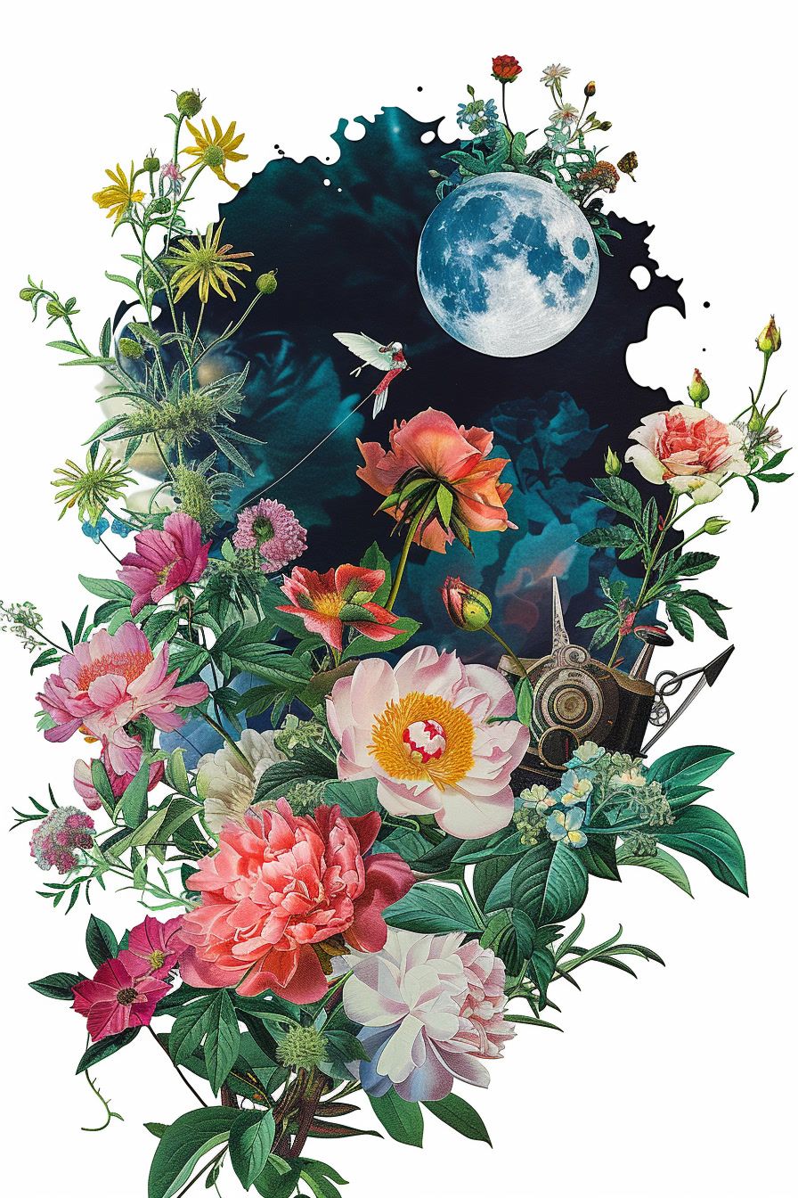 a painting of flowers with a full moon in the background