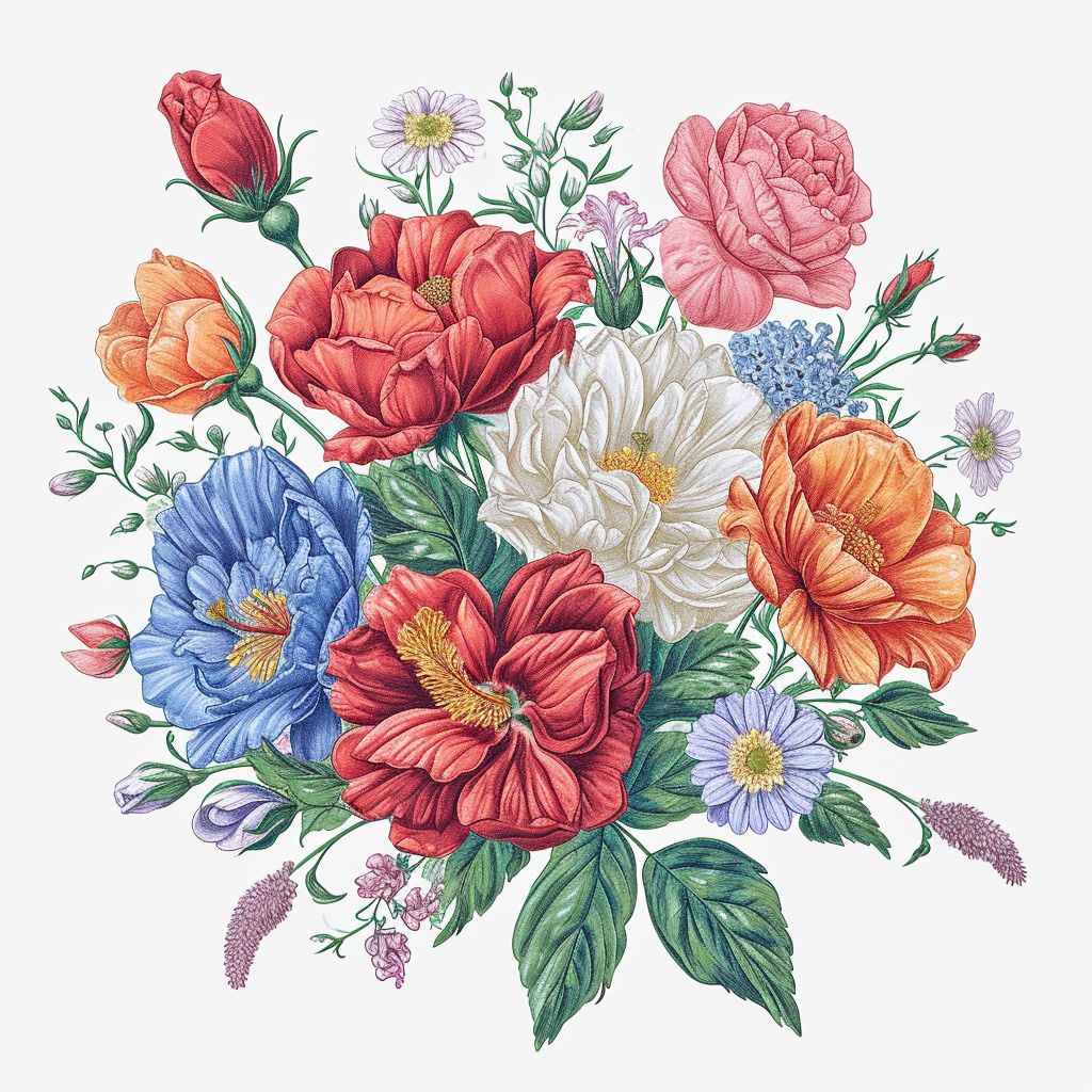 a drawing of a bouquet of flowers on a white background