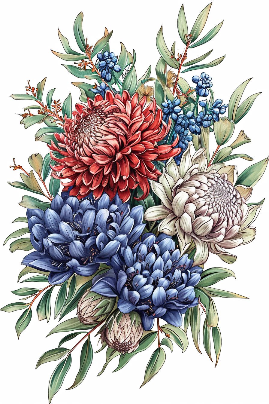 a bouquet of flowers with leaves and berries