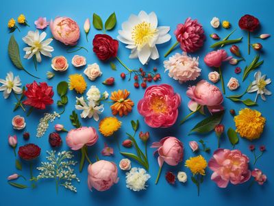 a bunch of flowers that are on a blue surface