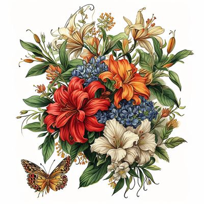 a bouquet of flowers and a butterfly on a white background