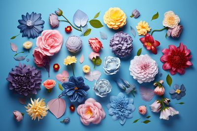 a bunch of different colored flowers on a blue background