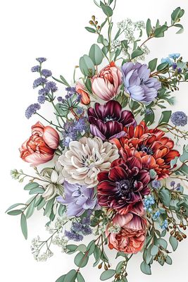 a painting of a bouquet of flowers on a white background