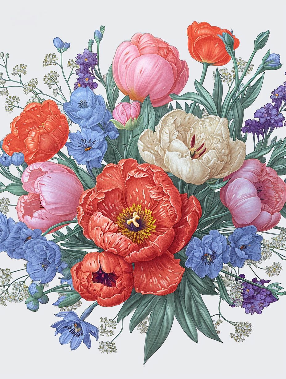 a painting of a bouquet of flowers on a white background