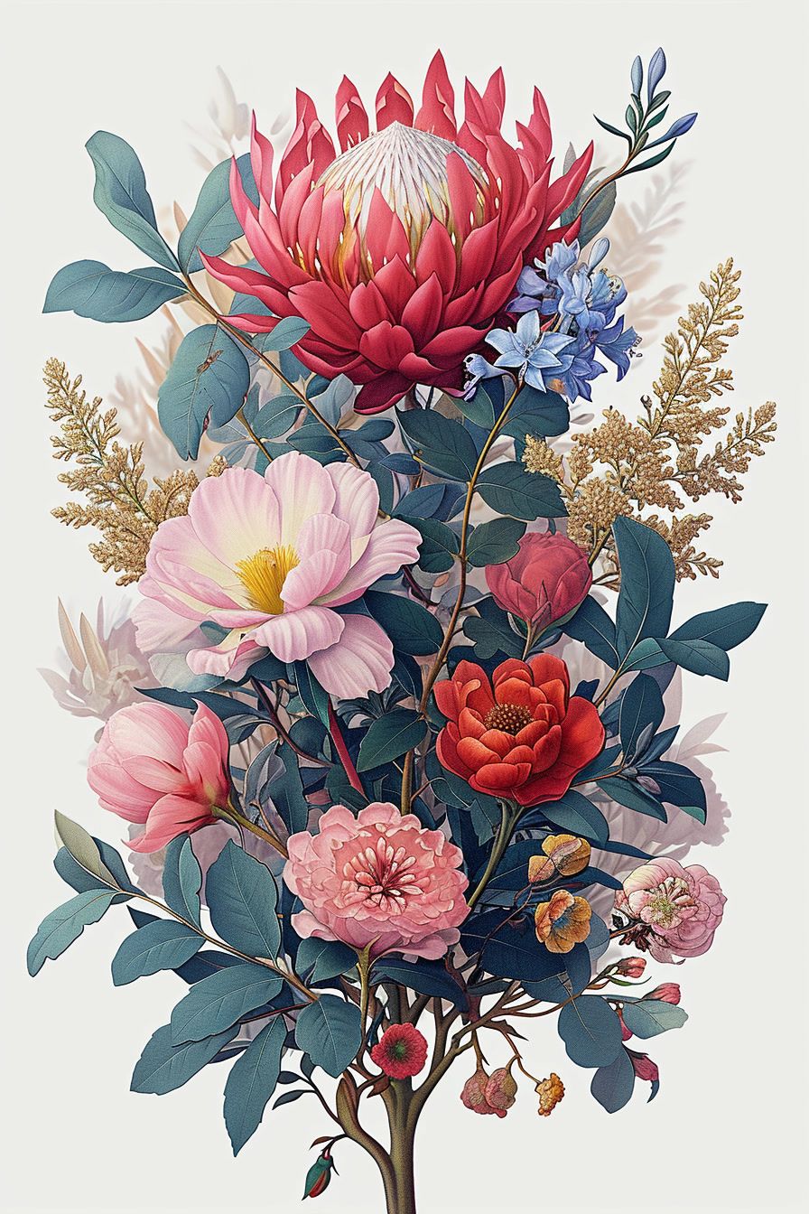 a painting of a bouquet of flowers on a white background