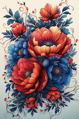 a painting of red, blue, and orange flowers