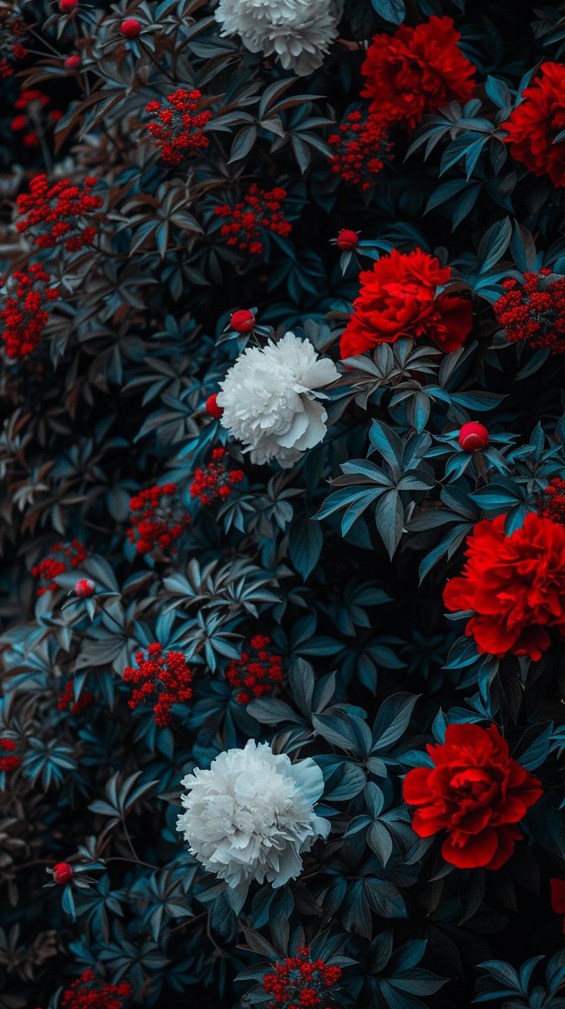 a bunch of red and white flowers on a bush