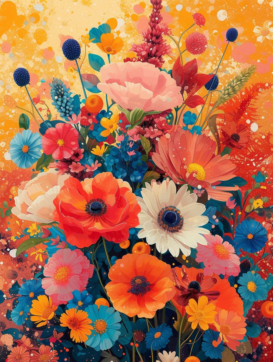 a painting of colorful flowers in a vase