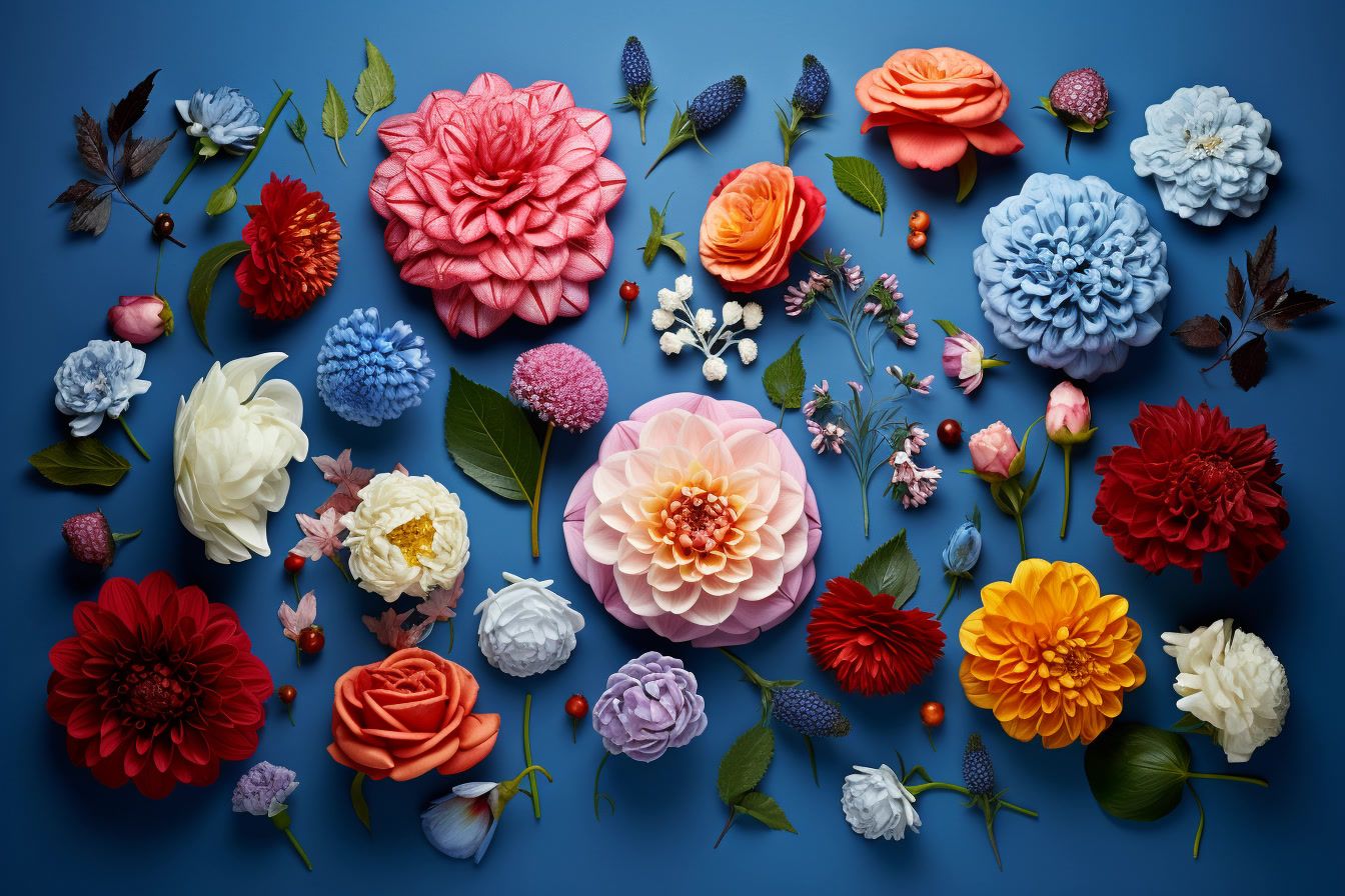 a bunch of different colored flowers on a blue background