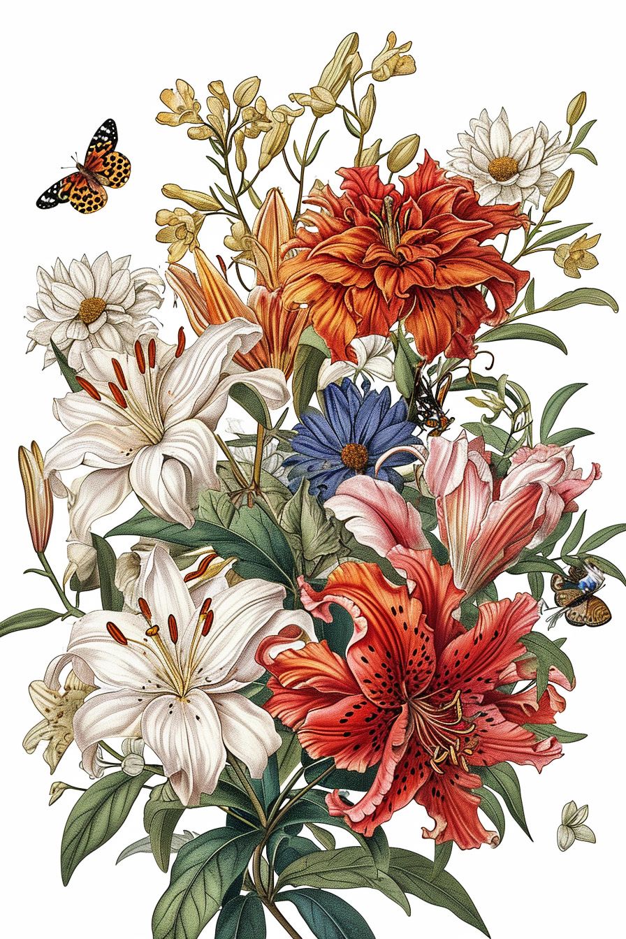 a bouquet of flowers with a butterfly flying over it