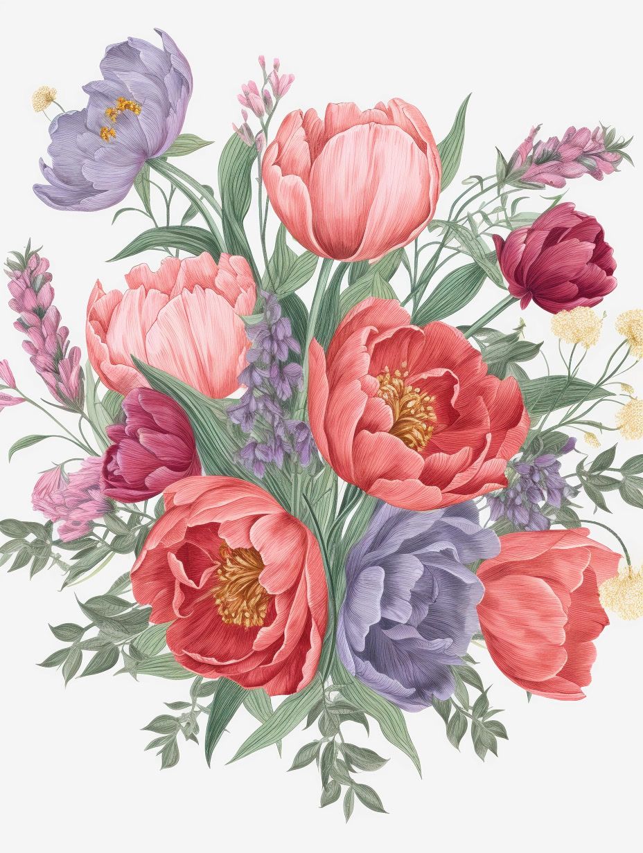 a bouquet of flowers painted in watercolor on a white background