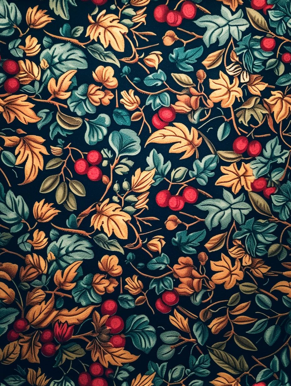 a close up of a wallpaper with leaves and berries