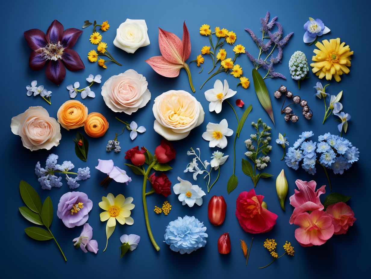 a bunch of flowers that are on a blue surface