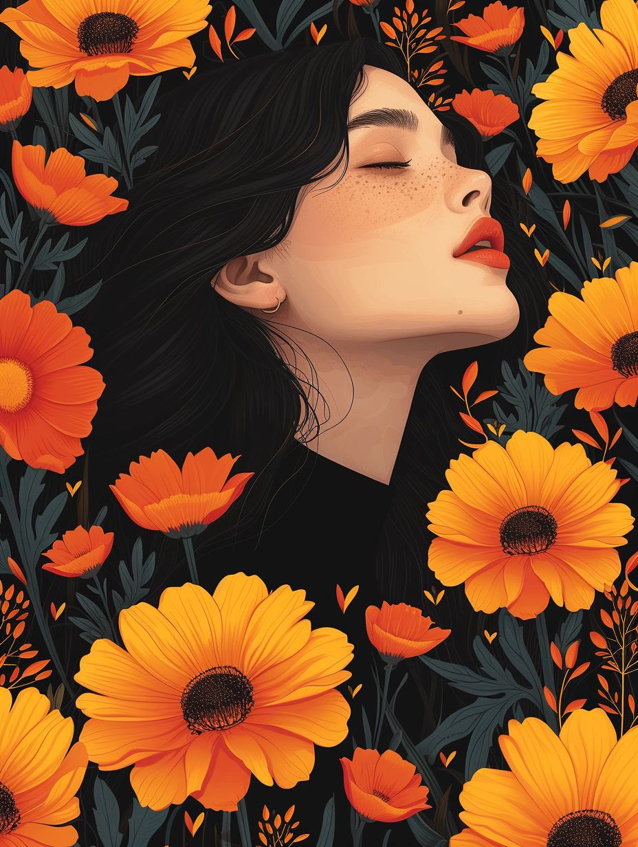 a painting of a woman surrounded by orange flowers