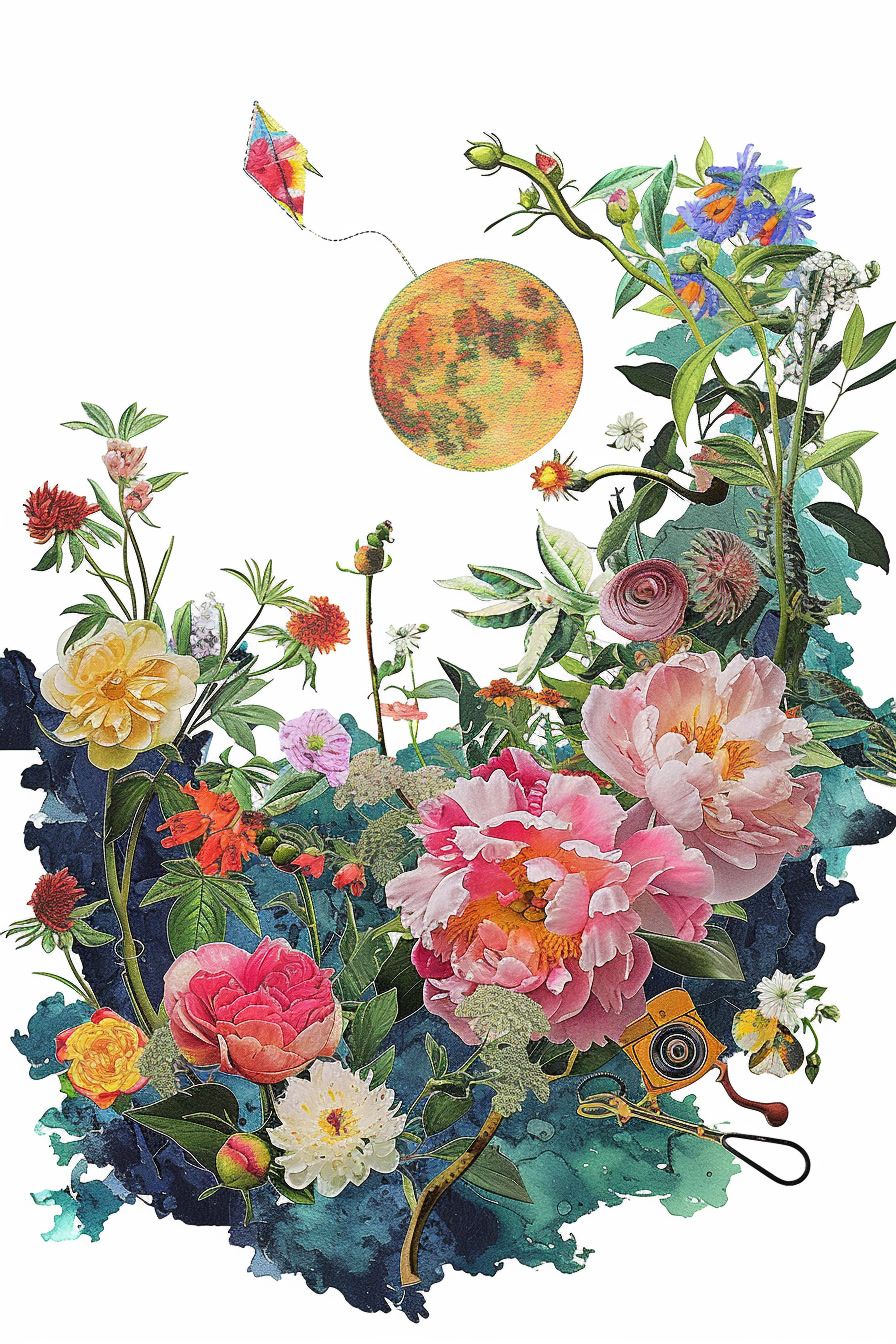 a painting of a bunch of flowers with a moon in the background