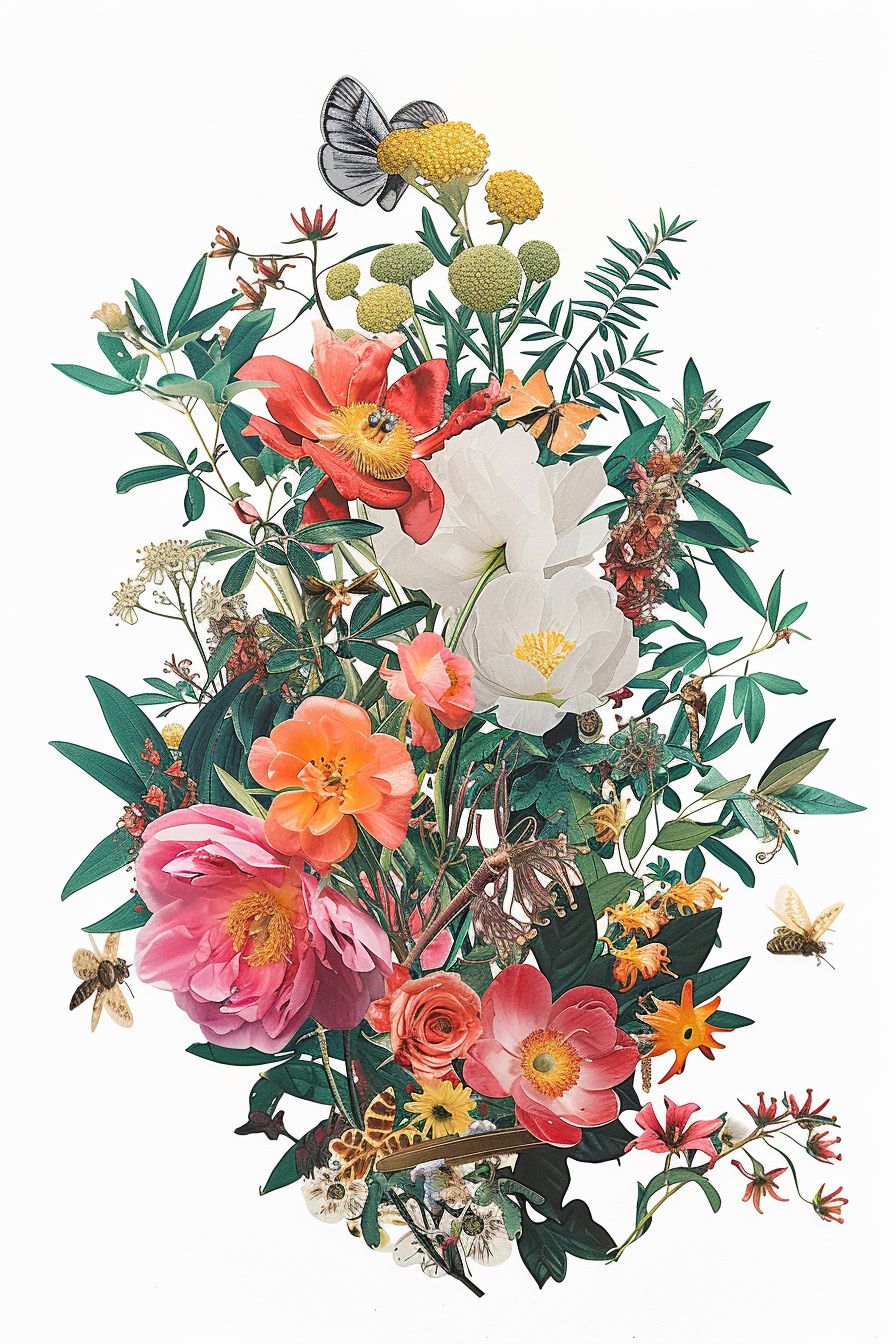 a painting of flowers and butterflies in a vase