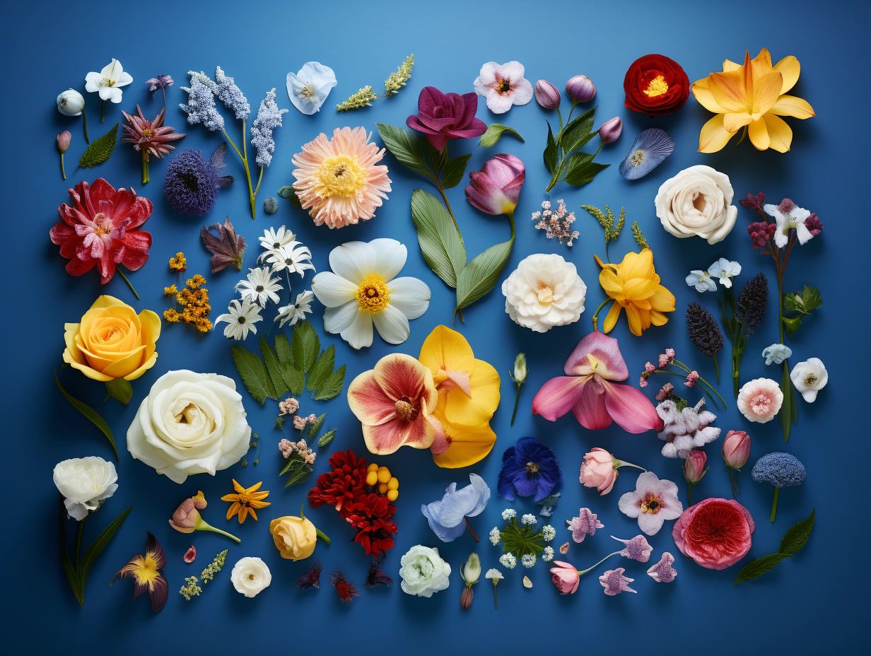 a bunch of flowers that are on a blue surface