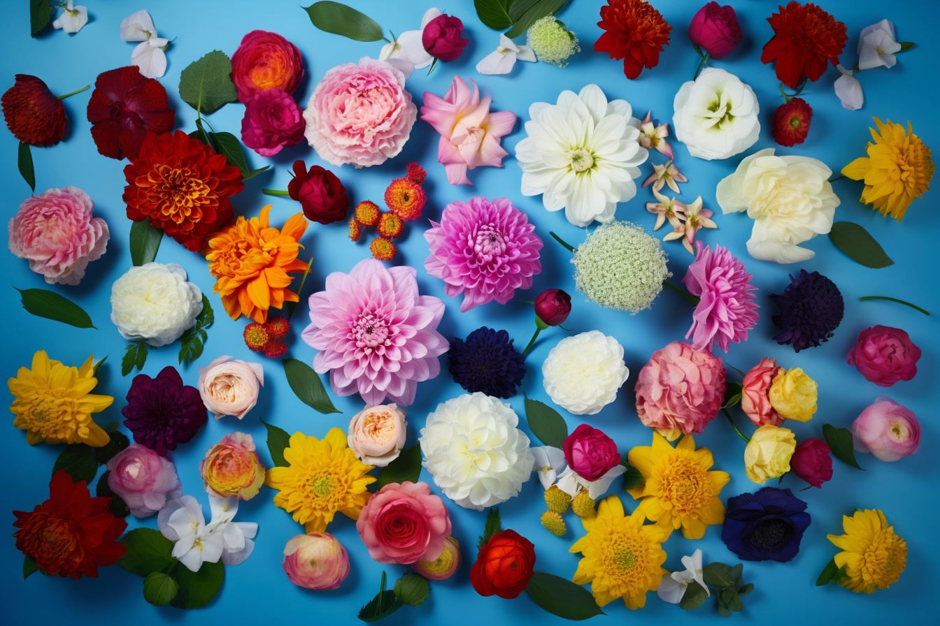 a bunch of different colored flowers on a blue background