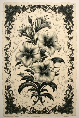 a black and white drawing of flowers on a white background