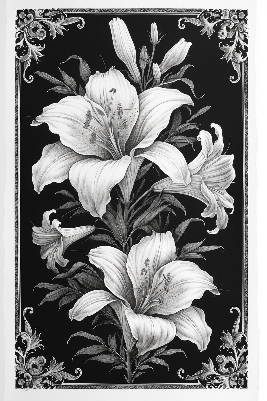 a black and white drawing of flowers on a black background