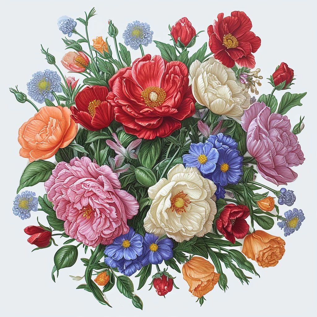 a bouquet of colorful flowers on a white background