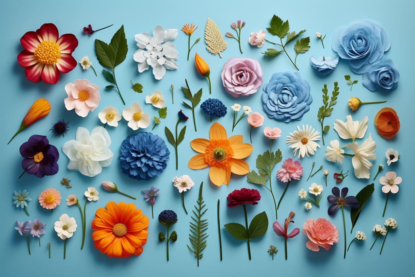 a bunch of different colored flowers on a blue background