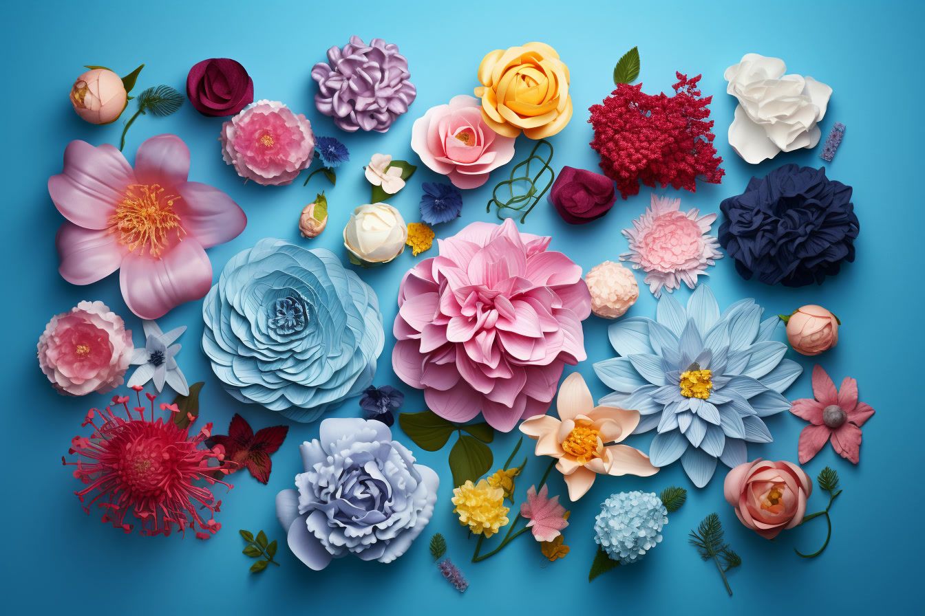 a bunch of different colored flowers on a blue background