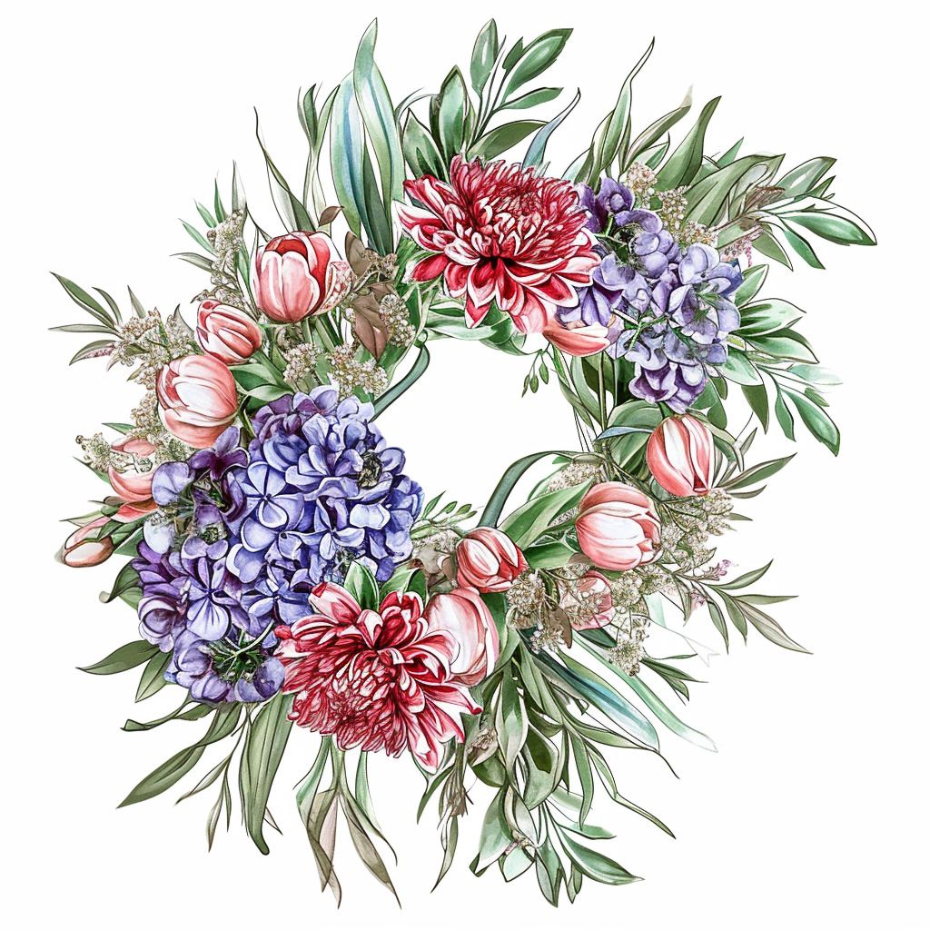 a watercolor painting of a wreath of flowers