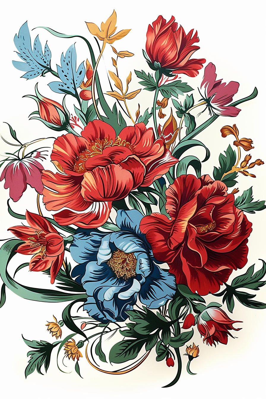 a bouquet of red and blue flowers on a white background