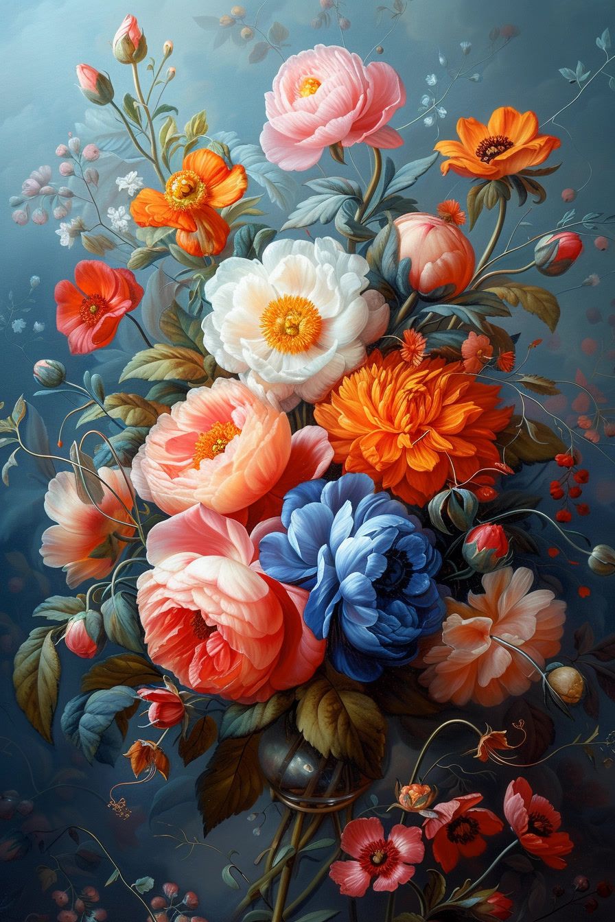 a painting of a bouquet of flowers on a blue background