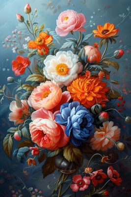 a painting of a bouquet of flowers on a blue background