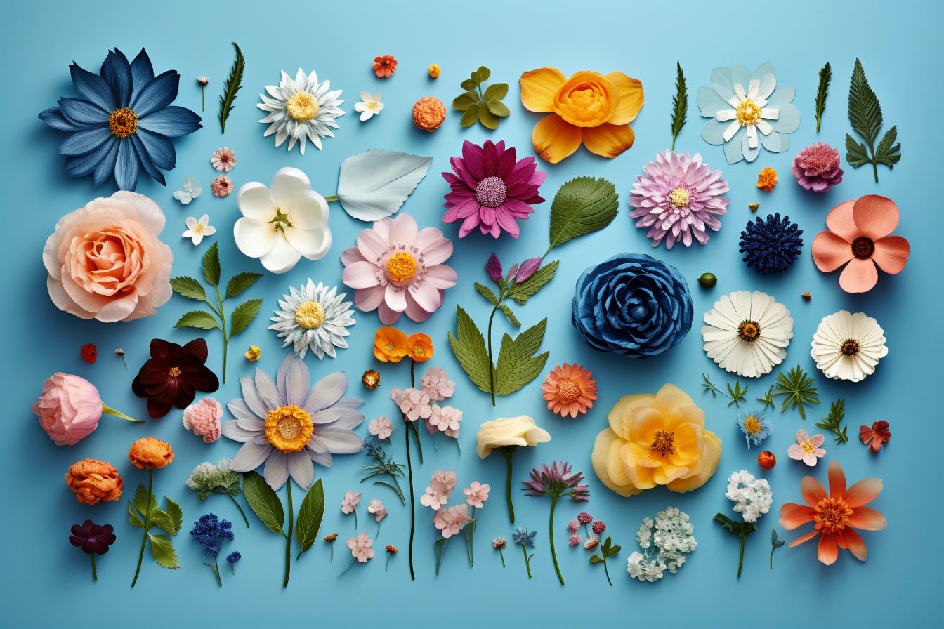 a bunch of flowers that are on a blue surface