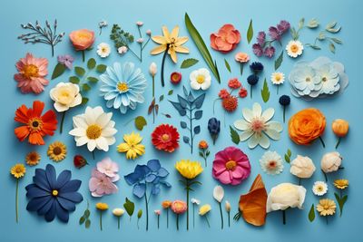 a bunch of different colored flowers on a blue background