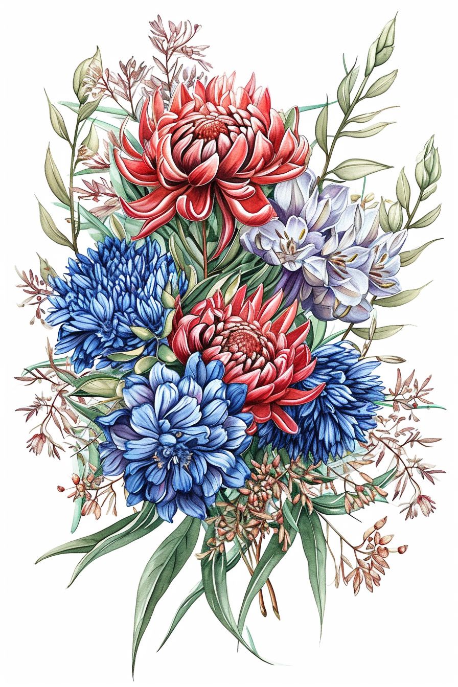 a bouquet of flowers with green leaves and red, white and blue flowers