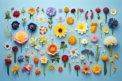 a bunch of different colored flowers on a blue background