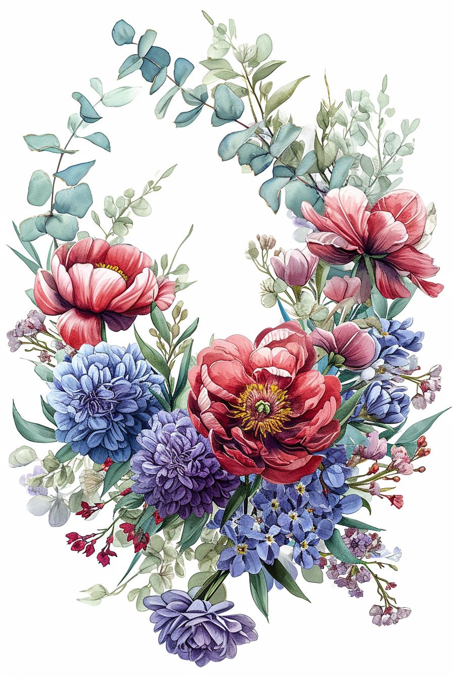 a watercolor painting of a wreath of flowers