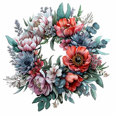 a watercolor painting of a wreath of flowers